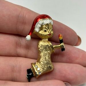 Vintage Small Gold Tone Boy in Santa Hat Holding Candlestick Brooch Holidays
